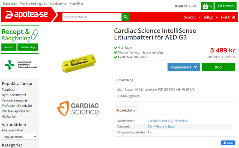 Hjärtstartare AED G3 Cardiac Science batteri